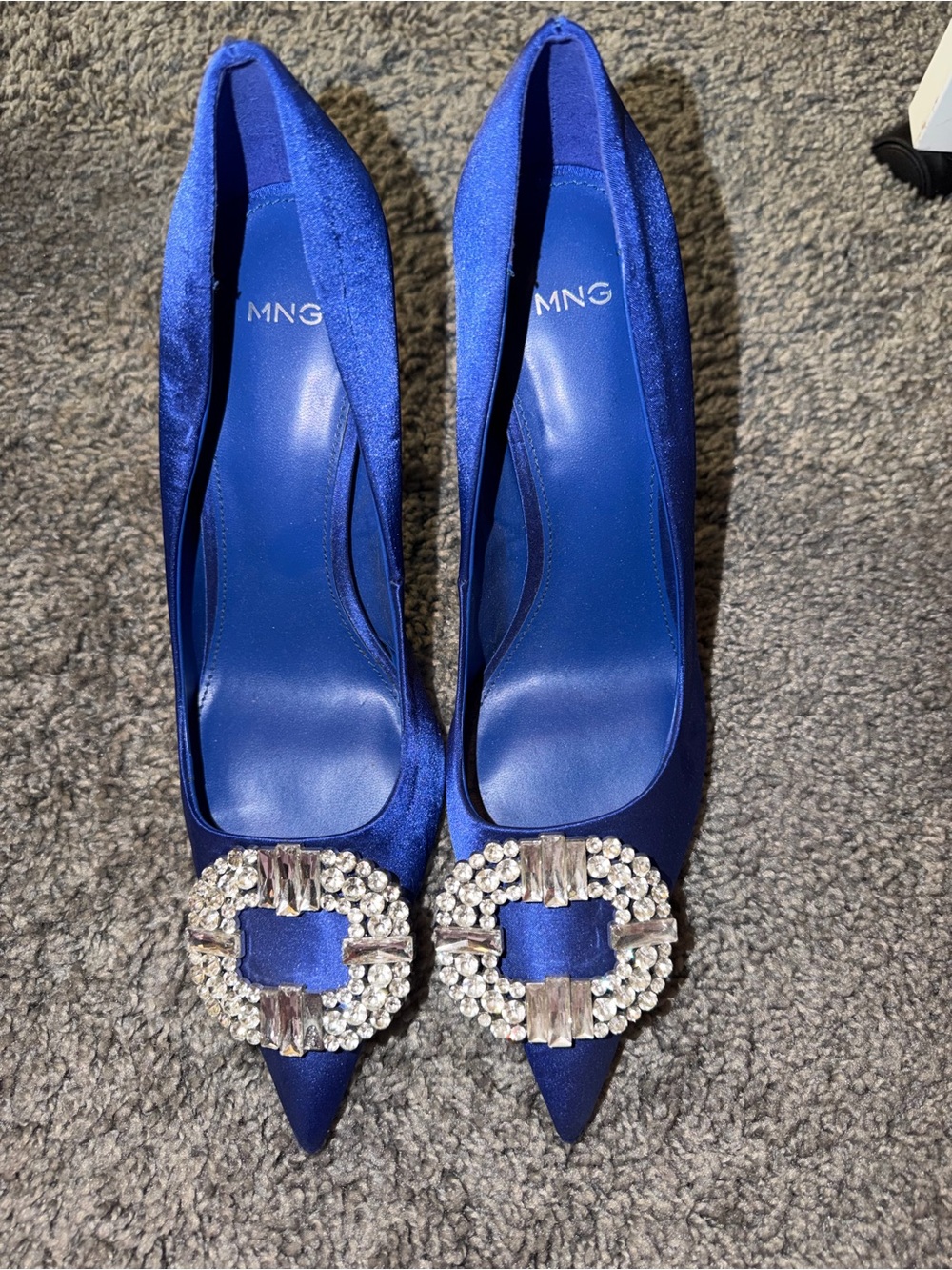 Mango Cobalt Blue Satin Pointed Toe Pumps with Crystal Buckle